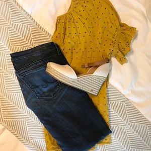 Mustard eyelet lace top with gathered sleeves